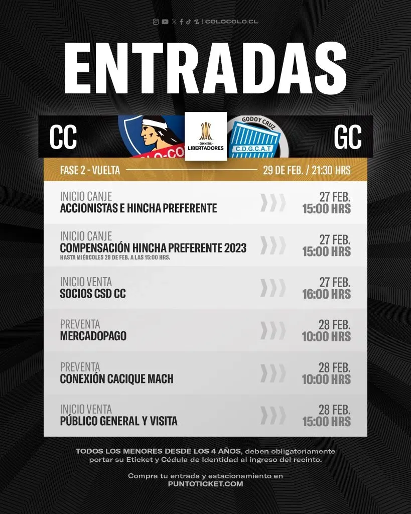 Entradas para Colo Colo vs Godoy Cruz. (Foto: Colo Colo)