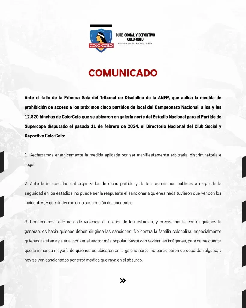 Primera parte del comunicado | Foto: CSD Colo Colo
