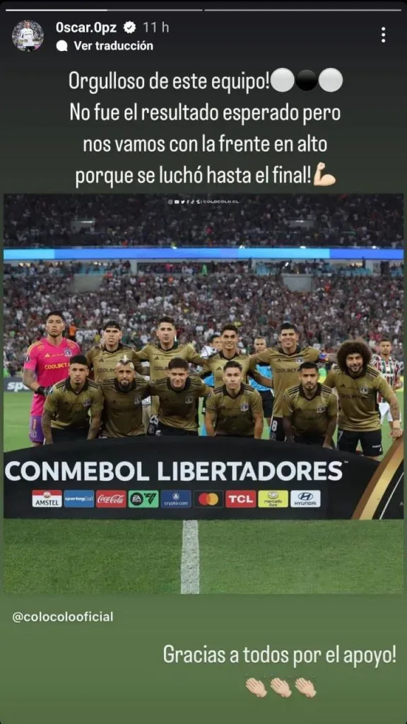 Óscar Opazo tras el duelo de Colo Colo vs Fluminense en Copa Libertadores. Imagen: Captura historias del Instagram de Óscar Opazo