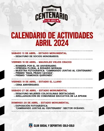 Calendario de actividades aniversario Colo Colo.
