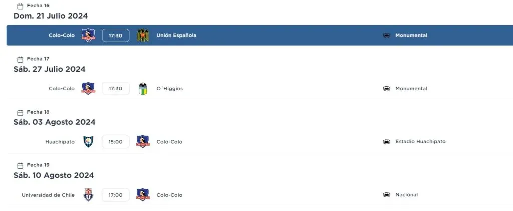 Las próximos partidos de Colo Colo en el Torneo Nacional. Imagen: Captura Campeonato Nacional