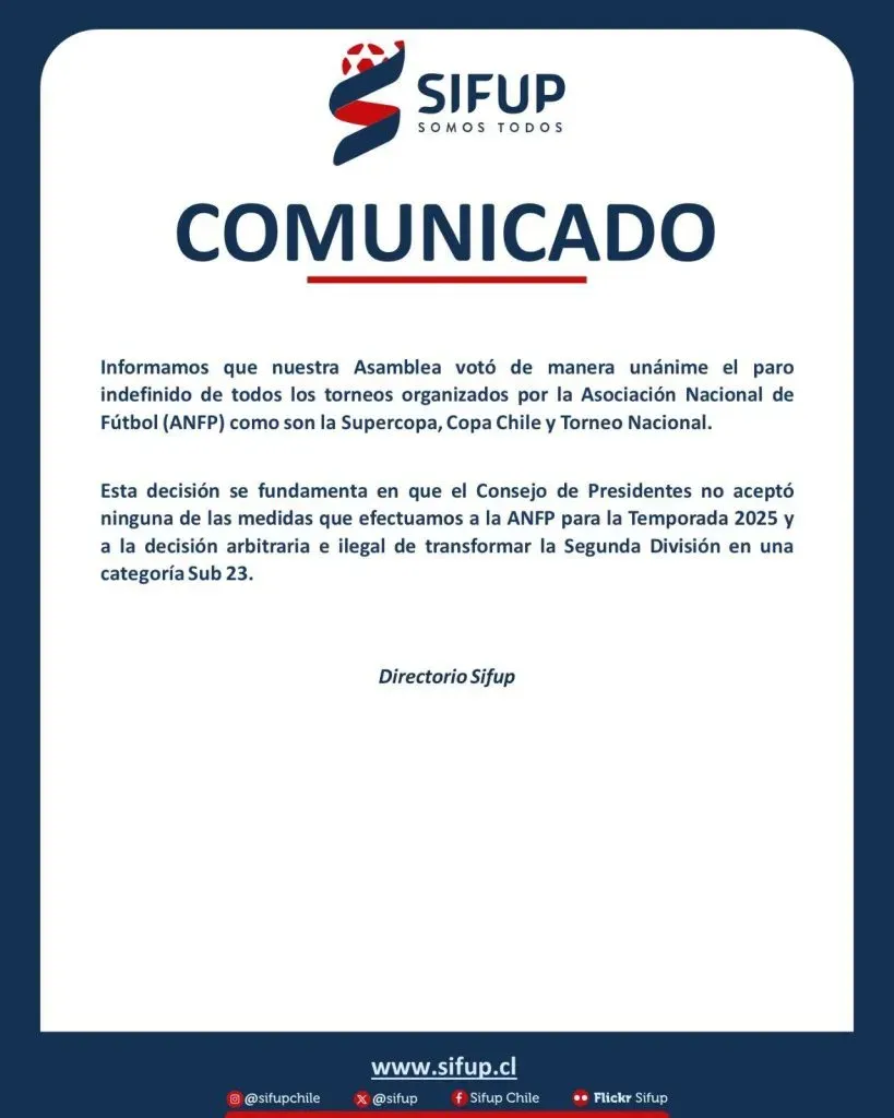 Comunicado del Sifup. (Foto: @sifup)