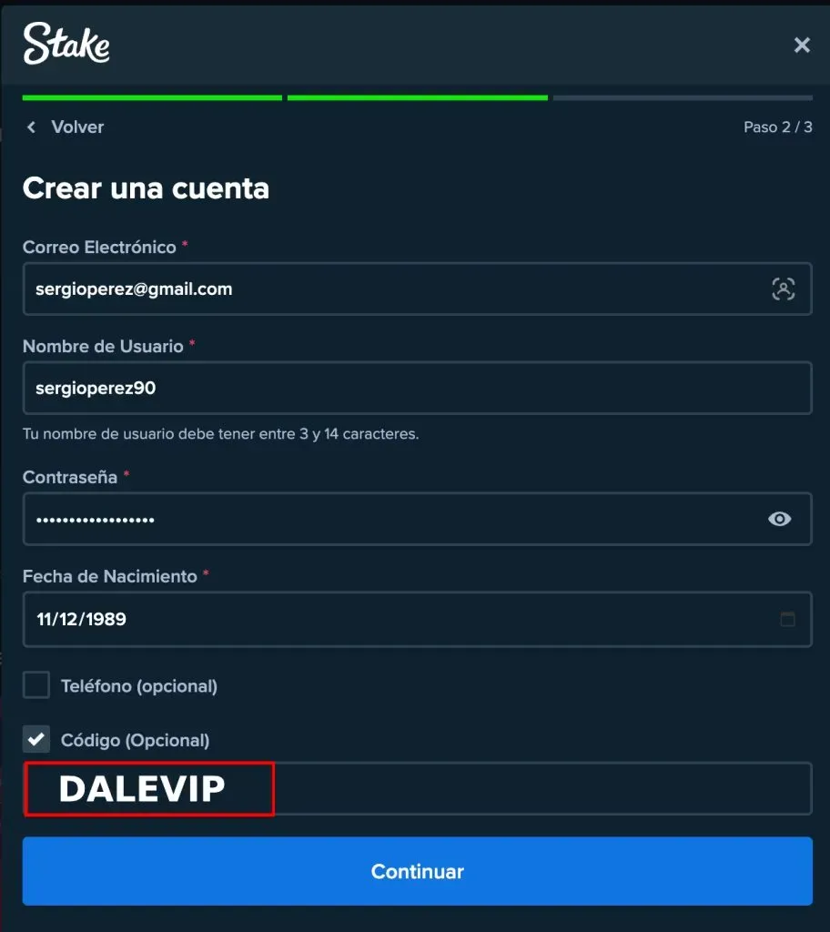 Usa el código promocional stake DALEVIP al registro en la plataforma.
