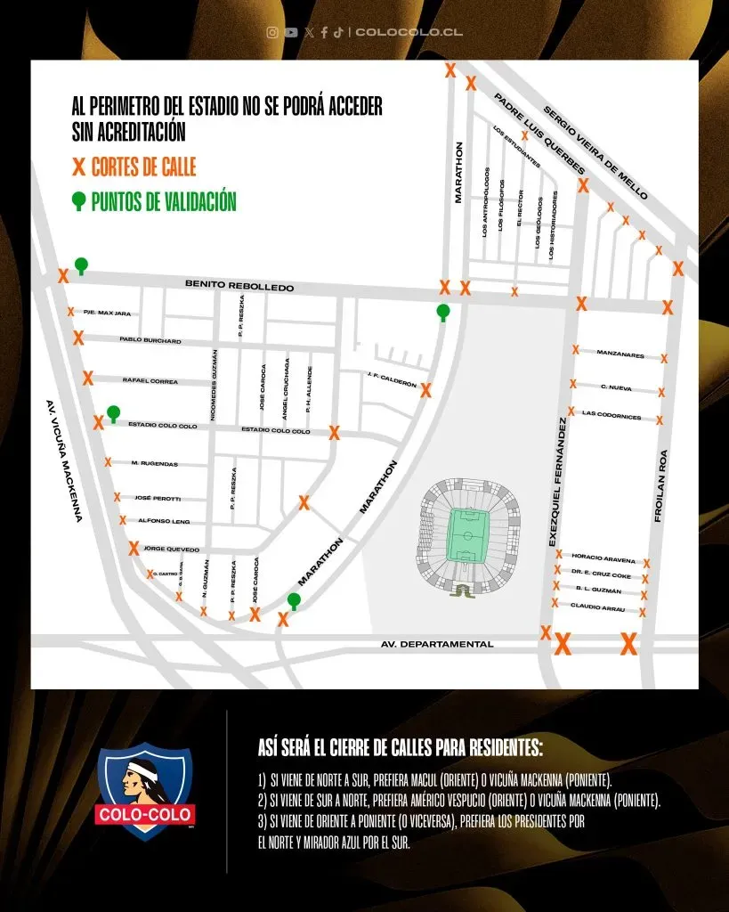 Cierre de calles en el Monumental. (Foto: @ColoColo)