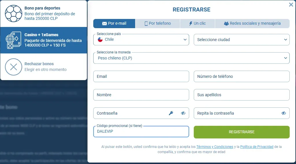 Ingresa el código promocional 1xbet DALEVIP en el sitio web