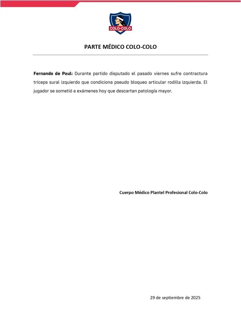 El parte médico de Fernando de Paul tras su lesión. Imagen: Colo Colo Oficial