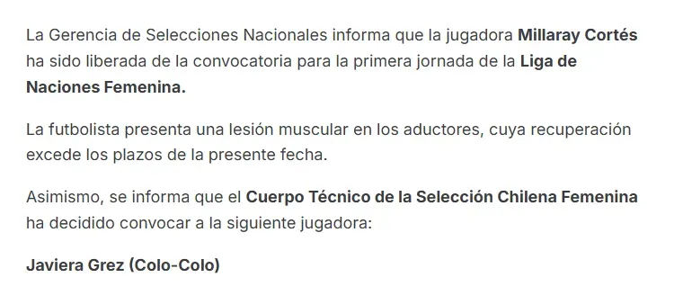 El parte médico de la Selección Chilena Femenina y la convocatoria de Javiera Grez. Foto: ANFP.