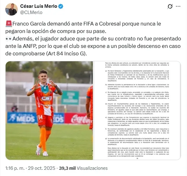 La información que entrega el periodista César Luis Merlo.