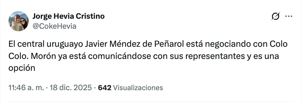 Reporte de Javier Méndez como opción en Colo Colo.
