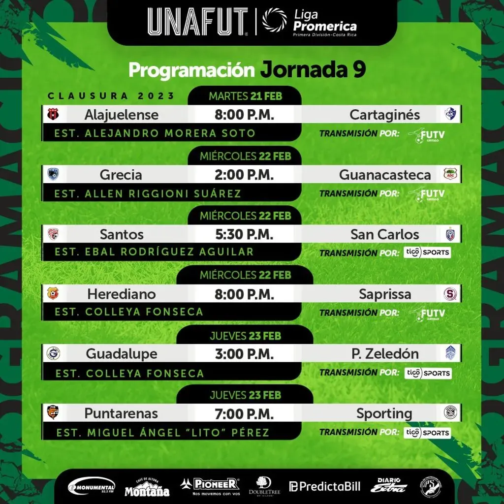 La programación de la novena jornada del Clausura 2023 de la Liga Promerica de Costa Rica (Foto: Unafut)