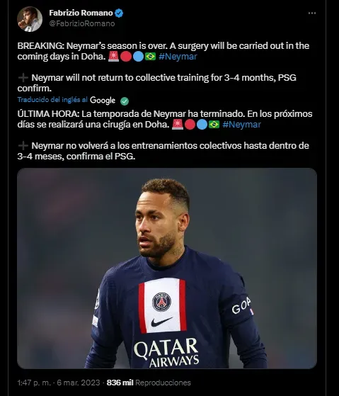 Neymar se pierde el resto de la temporada