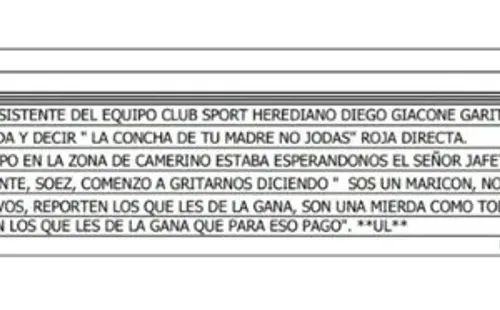 El acta arbitral en donde se acusa a Jafet Soto de insultar a los jueces del partido Herediano – Saprissa.