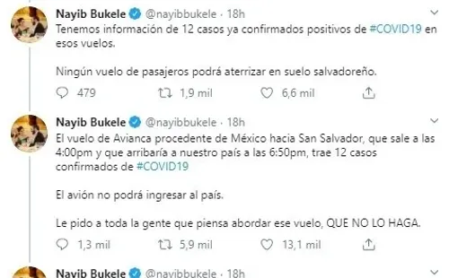 Los mensajes de Bukele en Twitter con respecto al vuelo