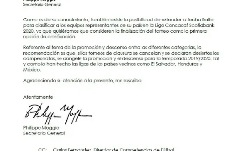 Carta de la Concacaf recomendando suprimir los descensos