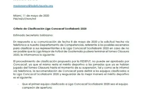 Carta de la Concacaf recomendando como distribuir las plazas continentales