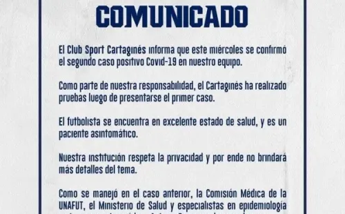 Así informó Cartaginés el segundo caso positivo en su plantilla.