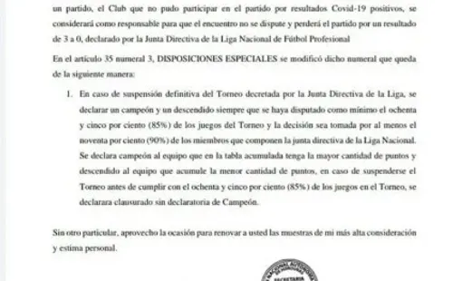 Página del comunicado de Fenafuth donde se observa la decisión respecto al descenso