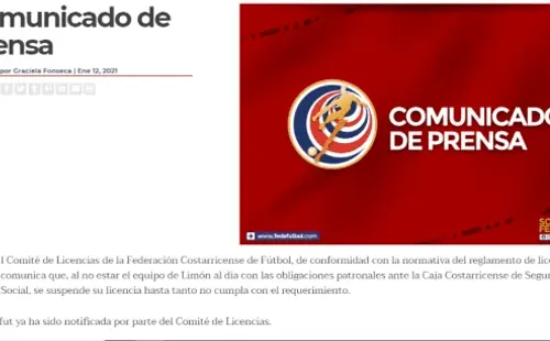 Federación Costarricense de Fútbol suspendió la licencia del Limón / Foto: Fedefutbol