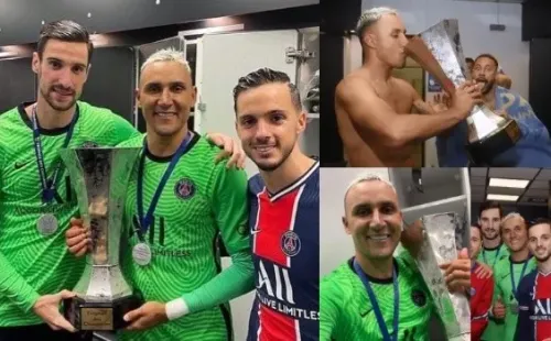 Los festejos de Keylor Navas en el vestuario junto a sus compañeros. (Everardo).