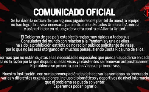 Comunicado de Alajuelense / Twitter Alajuelense
