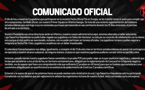 El comunicado que presentó Alajuelense sobre esta situación.