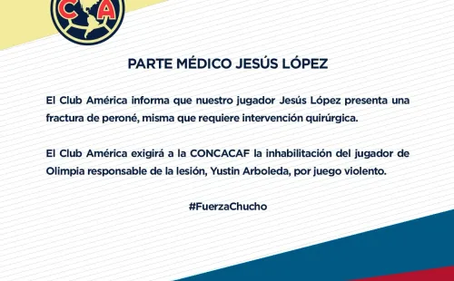 Parte médico del Chucho López / Foto: Club América