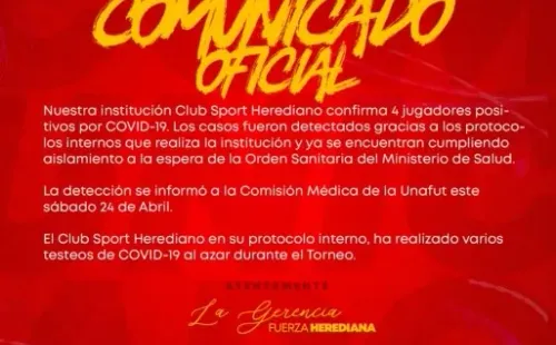 El comunicado de Herediano sobre los casos positivos. (Foto: Twitter Herediano)