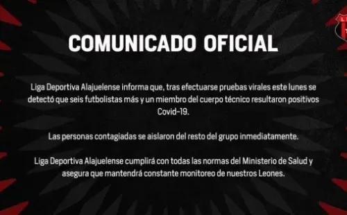 Alajuelense dio a conocer nuevos casos de COVID-19 / Twitter Alajuelense