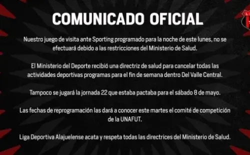 El comunicado oficial de Alajuelense sobre esta situación. (Twitter: @LDAcr)