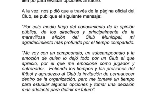 Comunicado de Sebastián Bini / Municipal