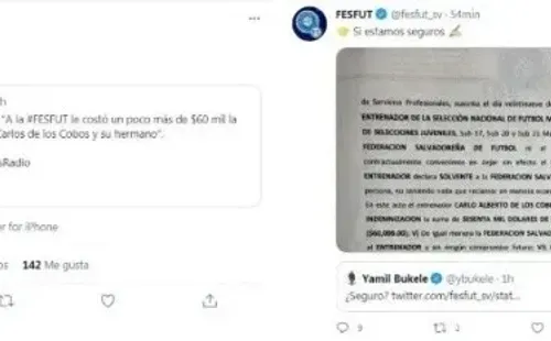 El intercambio entre Yamil Bukele y la FESFUT. (Foto: Twitter)