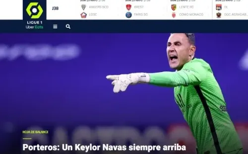 La página oficial de la Ligue 1 anunciando a Keylor Navas como el mejor arquero de la temporada 2020/21