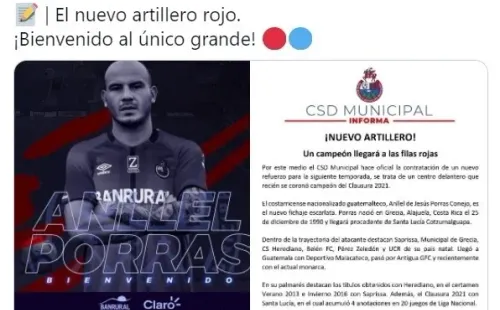 Municipal anunciado el fichaje de Anllel Porras
