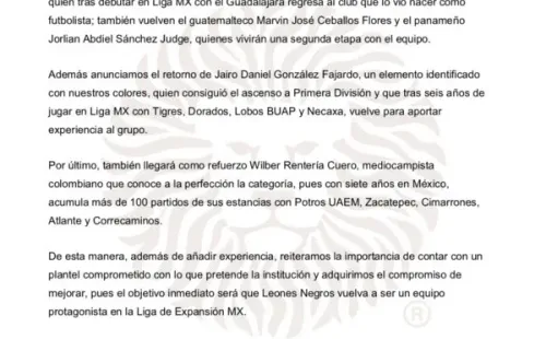 Extracto del comunicado de Leones Negros donde se menciona la incorporación de Marvin Ceballos (Fuente: Leones Negros)
