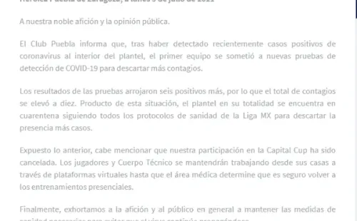 El comunicado que hizo público Puebla en su página oficial.