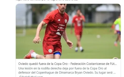 La Fedefutbol anunciando la baja de Bryan Oviedo por lesión
