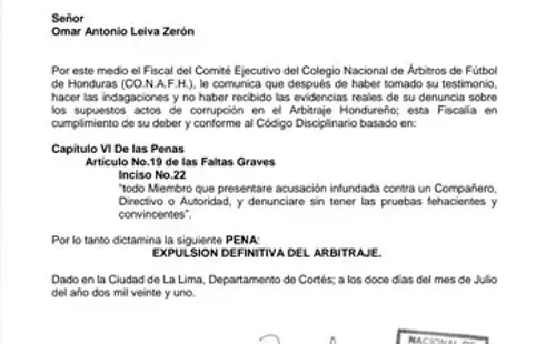 El comunicado de la CONAFH resolviendo la expulsión de Leiva (Foto: Diario Más)