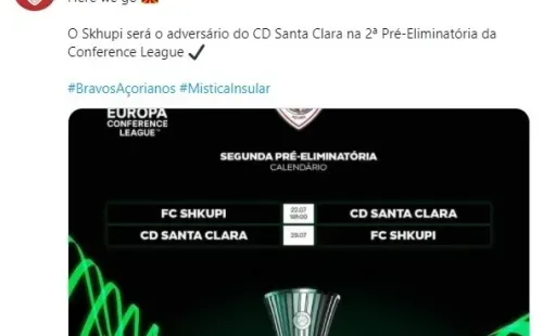 Tuit del Santa Clara en relación a que el Shkupi de Freddy Álvarez será su rival en la próxima ronda