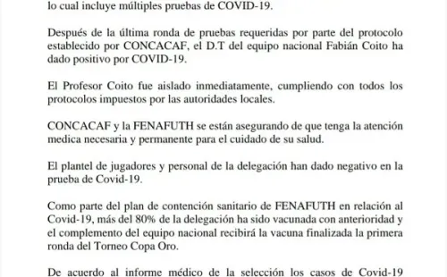Comunicado de Fenafuth respecto al positivo de Coito (Foto: Fenafuth)