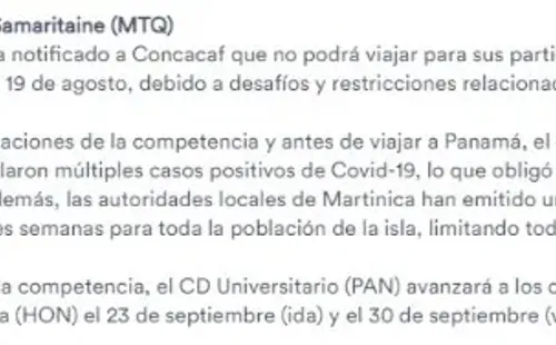 Extracto del comunicado de la Concacaf donde se notifica la baja del AS Samaritaine