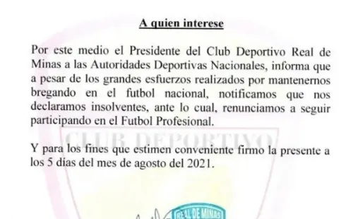 Comunicado sobre situación de Real de Minas