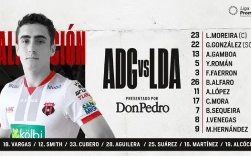 La formación de Alajuelense para enfrentar a Guanacasteca (Foto: Prensa Alajuelense)