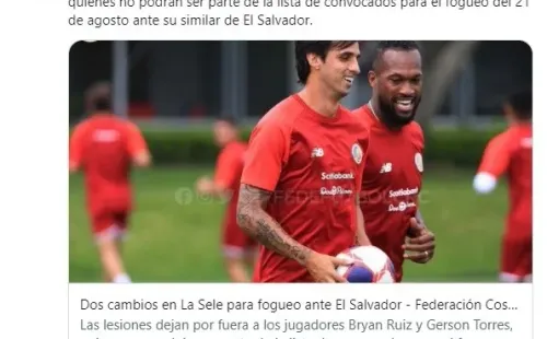 Fedefutbol comunicando las bajas de Bryan Ruiz y Gerson Torres