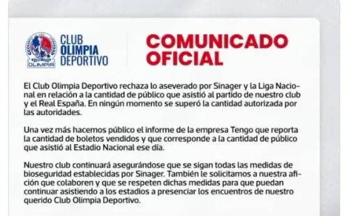 El comunicado emitido por el Olimpia