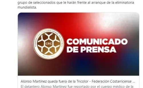 Fedefutbol comunicando la baja de Alonso Martínez