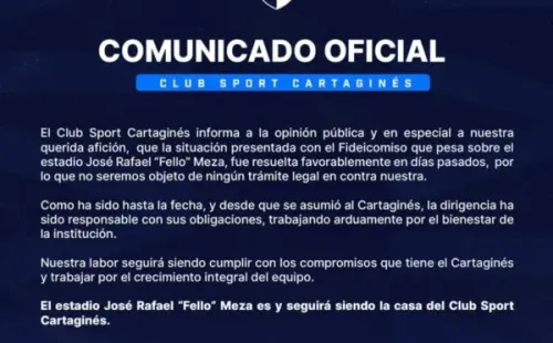 El comunicado oficial de Cartaginés sobre la situación del Fello Meza (Foto: Prensa Cartaginés)