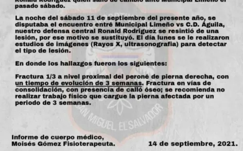 Comunicado oficial del club Águila sobre la lesión de Ronald Rodríguez (Foto: Prensa Águila)
