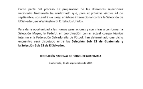 El comunicado de Fedefut sobre el amistoso ante El Salvador (Foto: Fedefut)