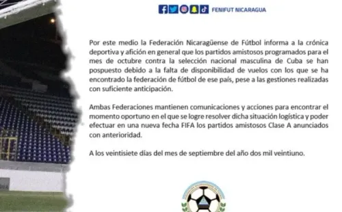 El comunicado que la Fenifut expidió respecto a la postergación de los amistosos con Cuba (Foto: Fenifut)