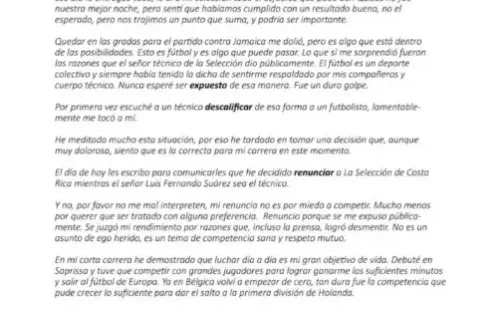 Carta renuncia Manfred Ugalde a la Selección Nacional.